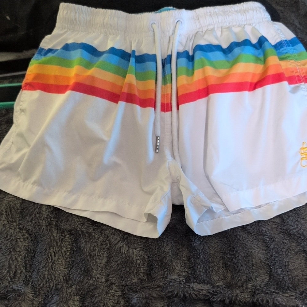 Forever 21 White Athletic Shorts with Rainbow Stripes
